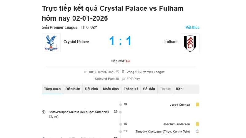 Livescore real-time KQBD 24h hiển thị chi tiết, trực quan, tức thì